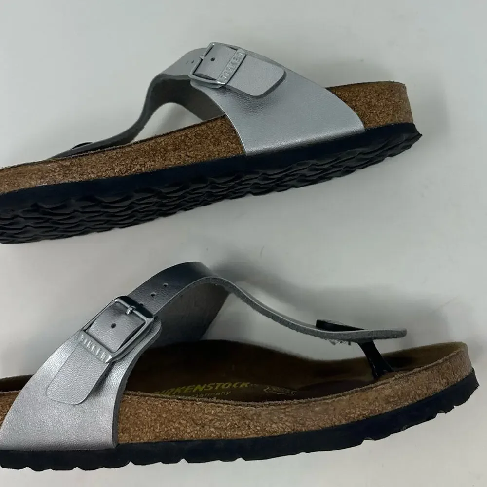 Birkenstock Gizeh Thong Sandals Leather Birko-Flor Silver Women’s 37 6-6.5